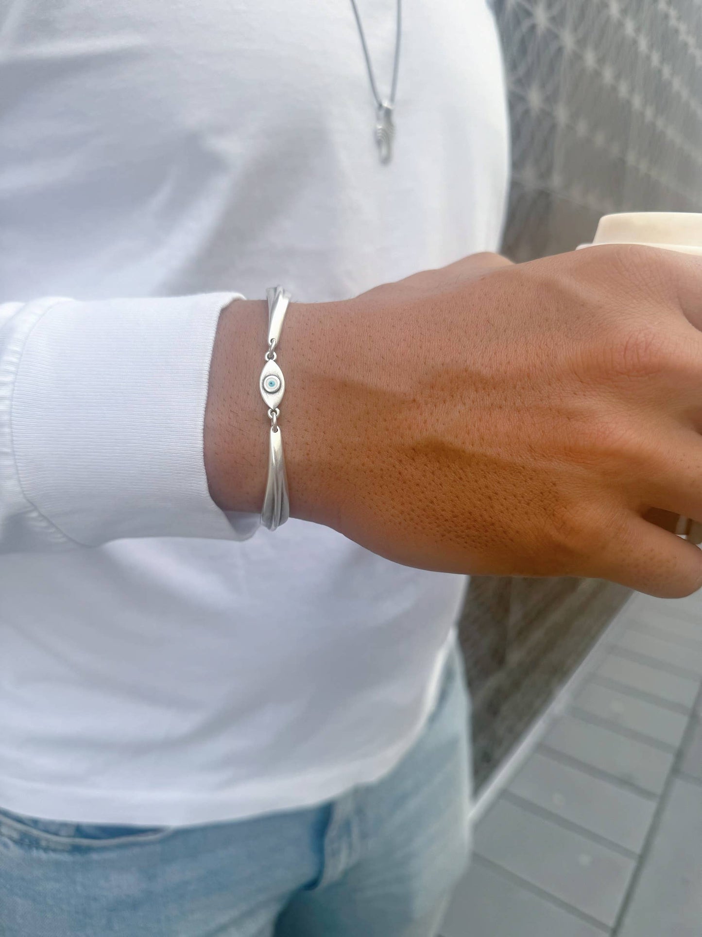 Cairo Evil Eye Silver Bracelet 6.6” (stainless steel)